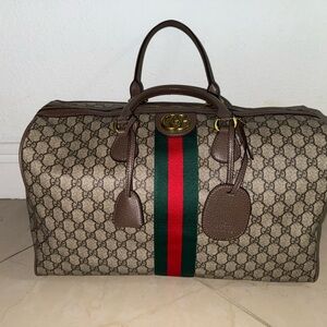 Luxury Brown Supreme Canvas Travel Bag with Green-Red Web Stripe